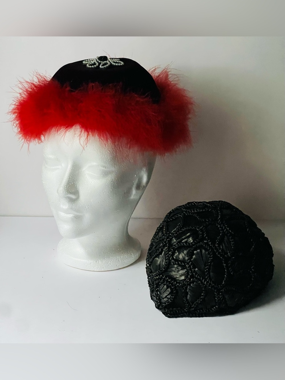 Vintage Black Velvet Pillbox Hat with Red Feather Trim and Black Cloche Hat